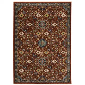 7' X 10' Red Yellow And Black Oriental Area Rug With Fringe