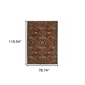 7' X 10' Red Yellow And Black Oriental Area Rug With Fringe