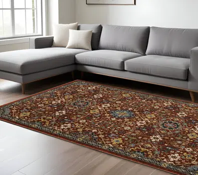 7' X 10' Red Yellow And Black Oriental Area Rug With Fringe