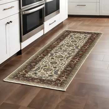 2' X 8' Ivory Red Green Grey Blue And Navy Oriental Power Loom Stain Resistant Runner Rug With Fringe