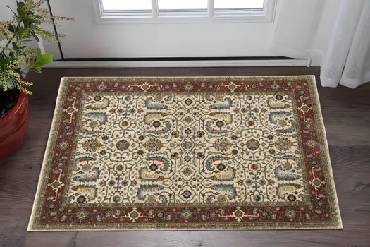2' X 3' Ivory Red Green Grey Blue And Navy Oriental Power Loom Stain Resistant Area Rug With Fringe