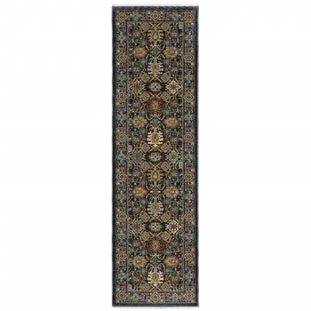 2' X 8' Blue And Beige Oriental Power Loom Runner Rug With Fringe