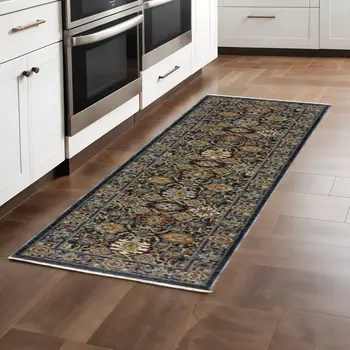 2' X 8' Blue And Beige Oriental Power Loom Runner Rug With Fringe