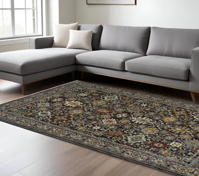 8' X 11' Blue And Beige Oriental Area Rug With Fringe
