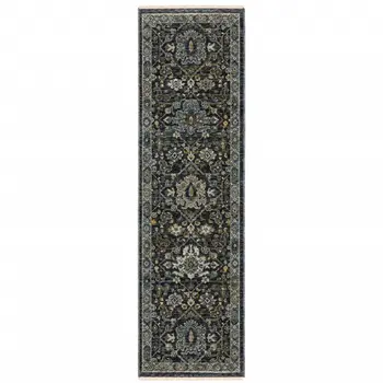 8' Blue and Ivory Oriental Power Loom Runner Rug