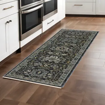 8' Blue and Ivory Oriental Power Loom Runner Rug
