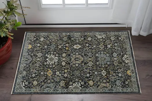 2' X 3' Blue Ivory Grey Gold Green And Brown Oriental Power Loom Stain Resistant Area Rug With Fringe