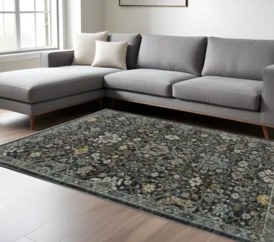 10' X 13' Blue Ivory Grey Gold Green And Brown Oriental Power Loom Stain Resistant Area Rug With Fringe