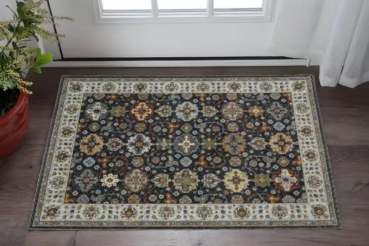 3' X 5' Blue Red Beige Yellow Grey Rust And Gold Oriental Power Loom Stain Resistant Area Rug With Fringe