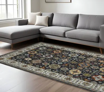 7' X 10' Blue And Beige Oriental Area Rug With Fringe
