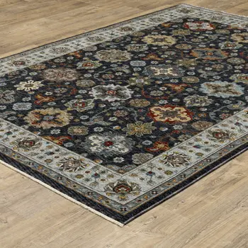 7' X 10' Blue And Beige Oriental Area Rug With Fringe