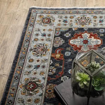 7' X 10' Blue And Beige Oriental Area Rug With Fringe