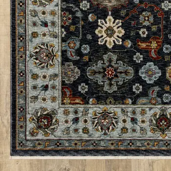 7' X 10' Blue And Beige Oriental Area Rug With Fringe