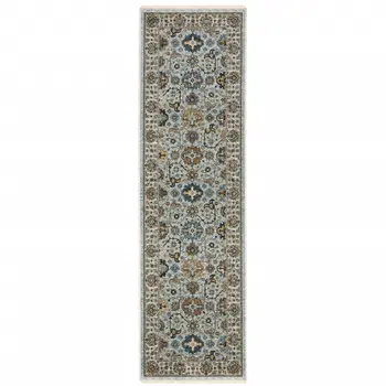 8' Blue And Ivory Oriental Power Loom Runner Rug With Fringe