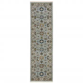8' Blue And Ivory Oriental Power Loom Runner Rug With Fringe