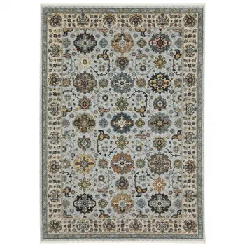7' X 10' Blue And Ivory Oriental Area Rug With Fringe