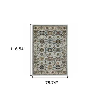 7' X 10' Blue And Ivory Oriental Area Rug With Fringe