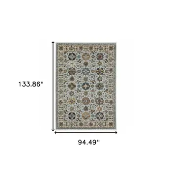 8' X 11' Blue Ivory And Yellow Oriental Area Rug With Fringe