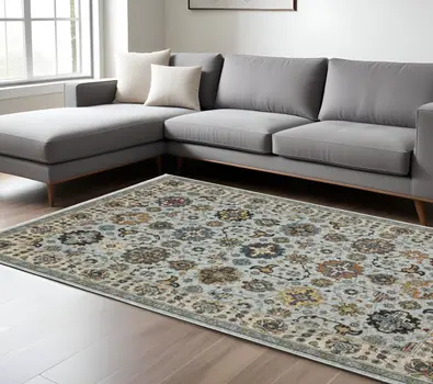 8' X 11' Blue Ivory And Yellow Oriental Area Rug With Fringe