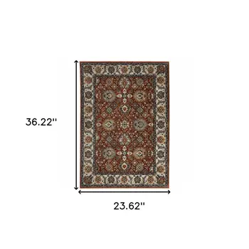 2' X 3' Red Blue Ivory Gold And Navy Oriental Power Loom Stain Resistant Area Rug With Fringe