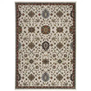 2' X 3' Ivory Grey Rust Red Gold And Shades Of Blue Oriental Power Loom Stain Resistant Area Rug With Fringe