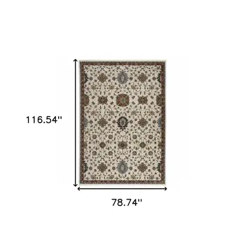 7' X 10' Ivory Red And Yellow Oriental Area Rug With Fringe