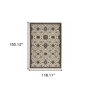 10' X 13' Beige Rust Red Blue Gold And Grey Oriental Power Loom Stain Resistant Area Rug With Fringe
