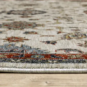 10' X 13' Beige Rust Red Blue Gold And Grey Oriental Power Loom Stain Resistant Area Rug With Fringe