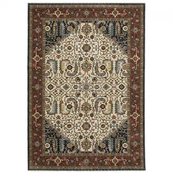 7' X 10' Ivory Red And Green Oriental Area Rug With Fringe