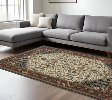 7' X 10' Ivory Red And Green Oriental Area Rug With Fringe