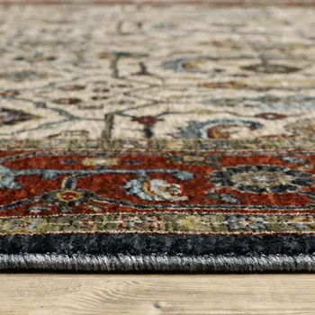 7' X 10' Ivory Red And Green Oriental Area Rug With Fringe