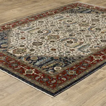 7' X 10' Ivory Red And Green Oriental Area Rug With Fringe