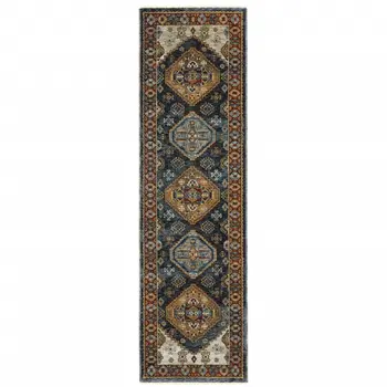 2' X 8' Blue And Beige Oriental Power Loom Runner Rug With Fringe