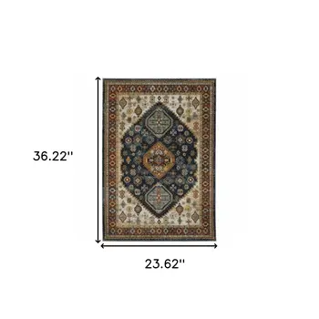 2' X 3' Blue Rust Red Beige Orange Gold And Tan Oriental Power Loom Stain Resistant Area Rug With Fringe