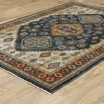 2' X 3' Blue Rust Red Beige Orange Gold And Tan Oriental Power Loom Stain Resistant Area Rug With Fringe