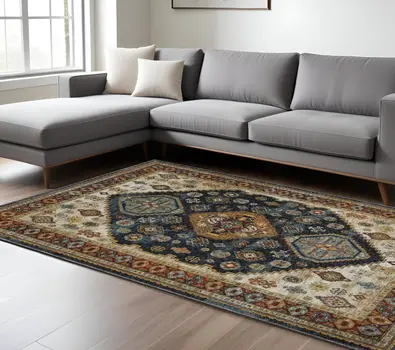 8' X 11' Blue Beige And Orange Oriental Area Rug With Fringe
