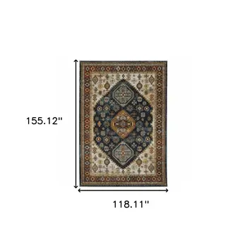 10' X 13' Blue Red Beige Orange Gold And Tan Oriental Power Loom Stain Resistant Area Rug With Fringe