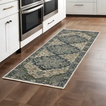 2' X 8' Blue And Beige Oriental Power Loom Runner Rug With Fringe