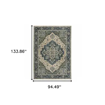 8' X 11' Blue And Beige Oriental Area Rug With Fringe