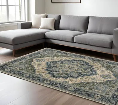 8' X 11' Blue And Beige Oriental Area Rug With Fringe