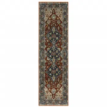 2' X 8' Blue Beige Tan Brown Gold And Rust Red Oriental Power Loom Stain Resistant Runner Rug With Fringe