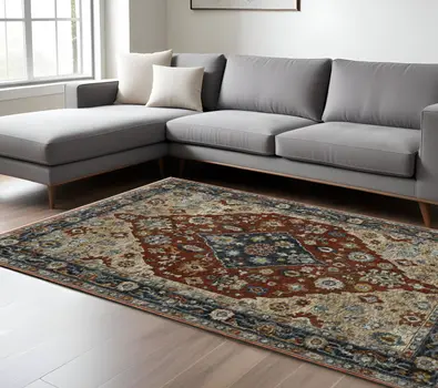 8' X 11' Red And Blue Oriental Area Rug With Fringe