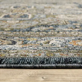 2' X 3' Blue Taupe Grey Green Rust Tan Beige And Gold Oriental Power Loom Stain Resistant Area Rug With Fringe