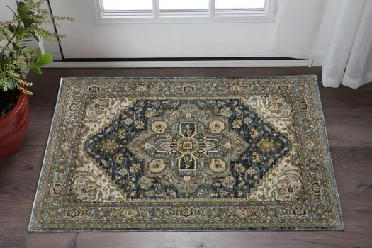 3' X 5' Blue And Green Oriental Power Loom Area Rug With Fringe