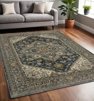 5' X 8' Blue And Green Oriental Power Loom Area Rug With Fringe