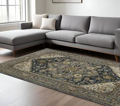 8' X 11' Blue And Midnight Oriental Area Rug With Fringe