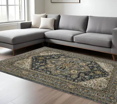 10' X 13' Blue Taupe Grey Green Rust Tan Beige And Gold Oriental Power Loom Stain Resistant Area Rug With Fringe