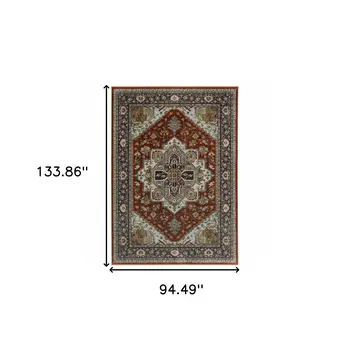 8' X 11' Red And Blue Oriental Area Rug With Fringe