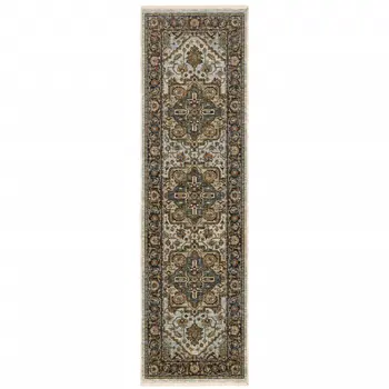2' X 8' Ivory Beige Blue Orange Gold Green Grey And Rust Oriental Power Loom Stain Resistant Runner Rug With Fringe