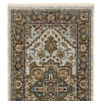 2' X 8' Ivory Beige Blue Orange Gold Green Grey And Rust Oriental Power Loom Stain Resistant Runner Rug With Fringe